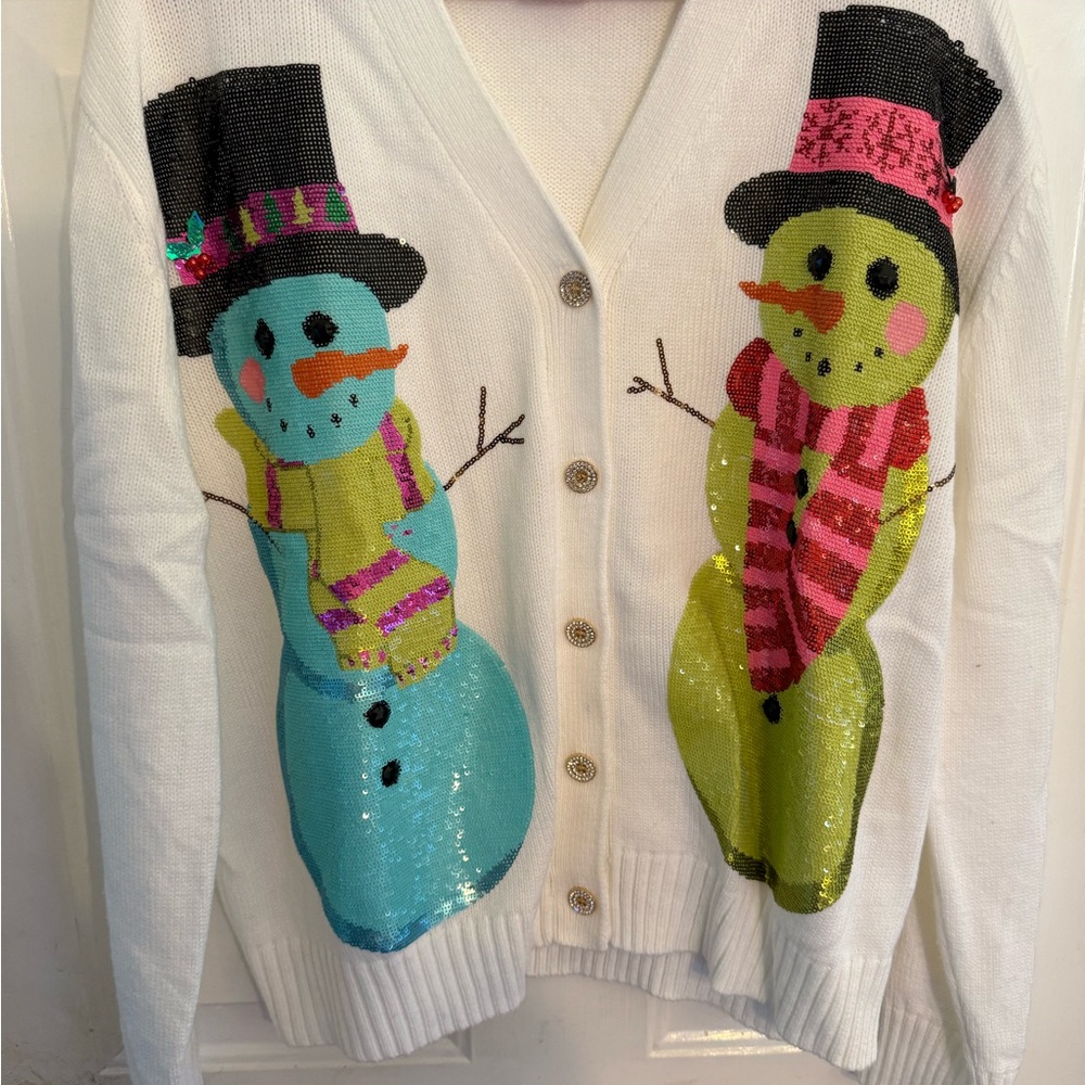 QUEEN OF SPARKLES Snowman Cardigan - White, Blue, Green